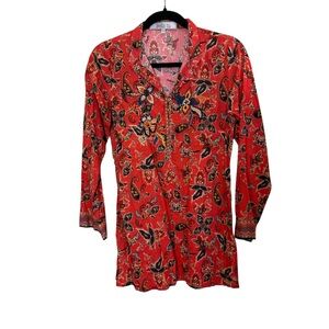 Bella Tu Red Floral Cotton Tunic Shirt sz XS